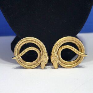 Vintage Large Coiled Gold Snake Earrings with Red Rhinestone Eyes
